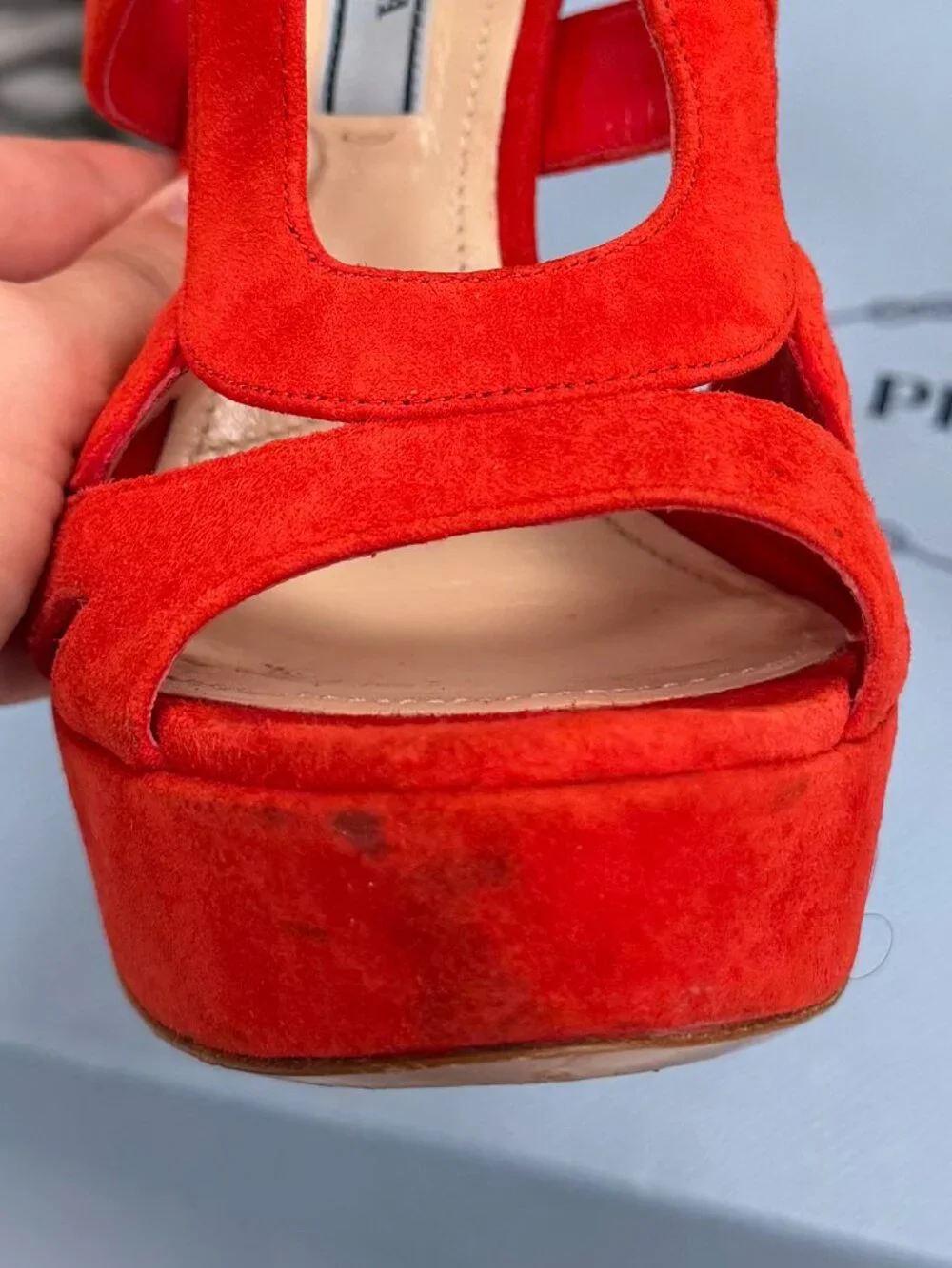 Prada Red Suede Platform Heels Strappy Sandals Stiletto Ankle Strap Size 37 - Picture 5 of 14